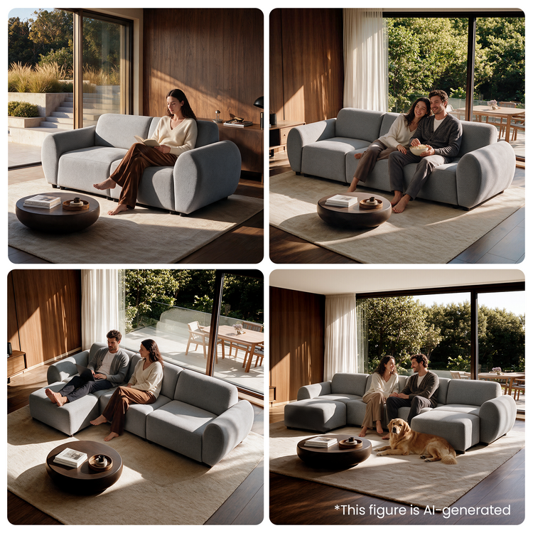 Four-panel collage shows gray sofas in different seating arrangements, with a woman reading, a couple sharing popcorn, a man using a laptop, and a dog resting on a rug.