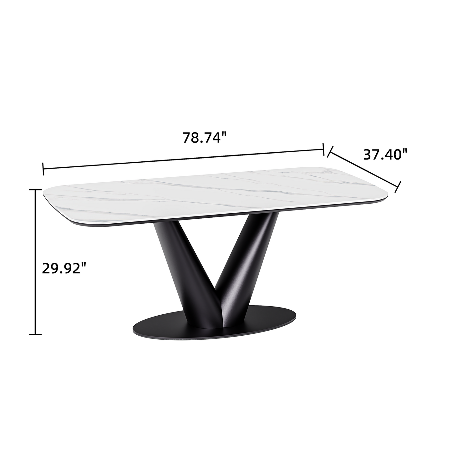 78" Glossy Sintered Stone Dining Table – Snow Mountain Pattern with V-Shaped Metal Base (6-8 Seater)