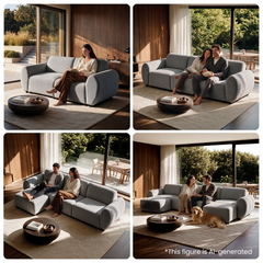 Four-panel collage showing a gray sectional sofa in a sunlit living room, with a woman reading, a couple sitting together, and a couple with a dog.