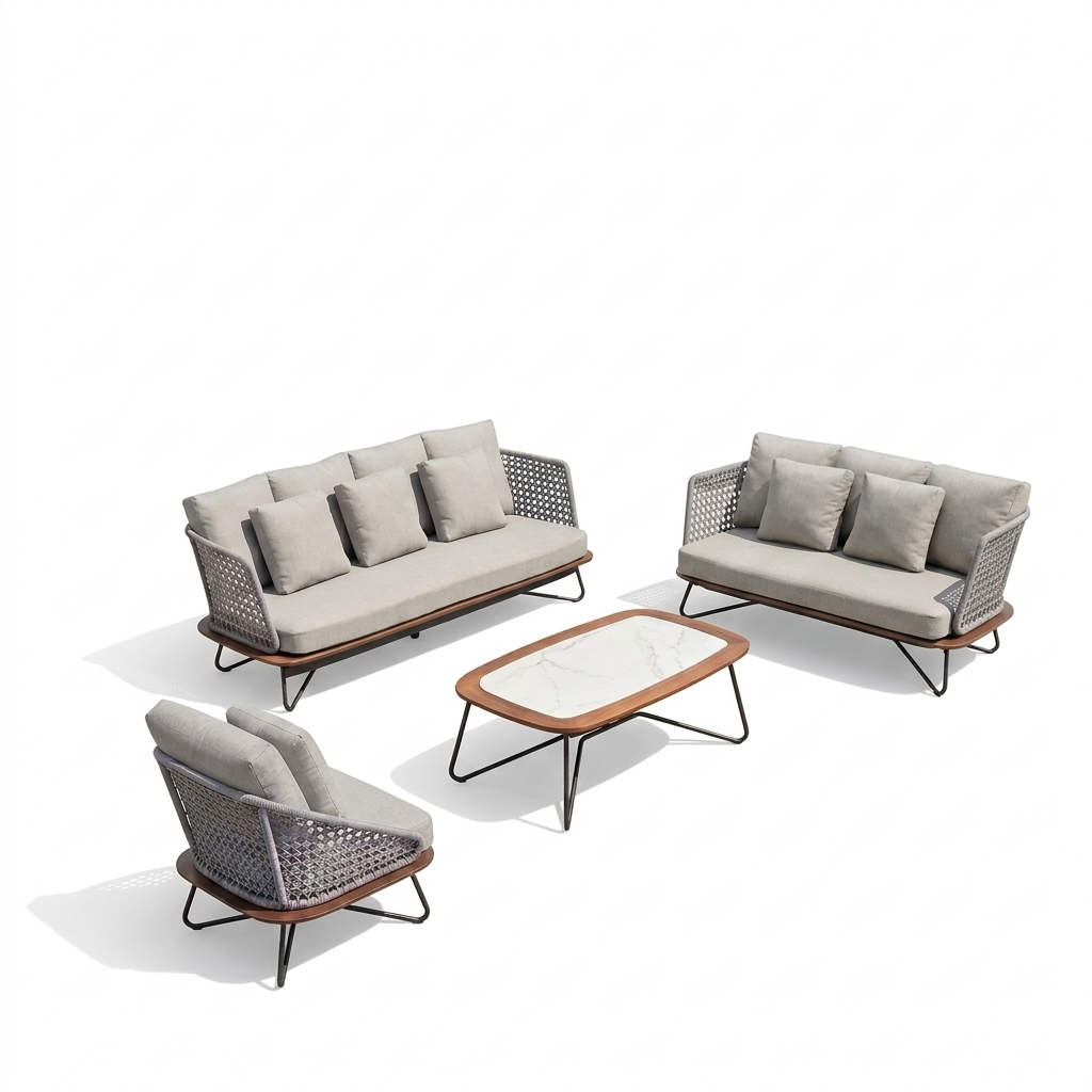 Set includes two cushioned sofas, one chair, and one rectangular coffee table