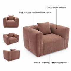 Pink upholstered armchair shown from three angles with labels identifying its materials and cushion filling.