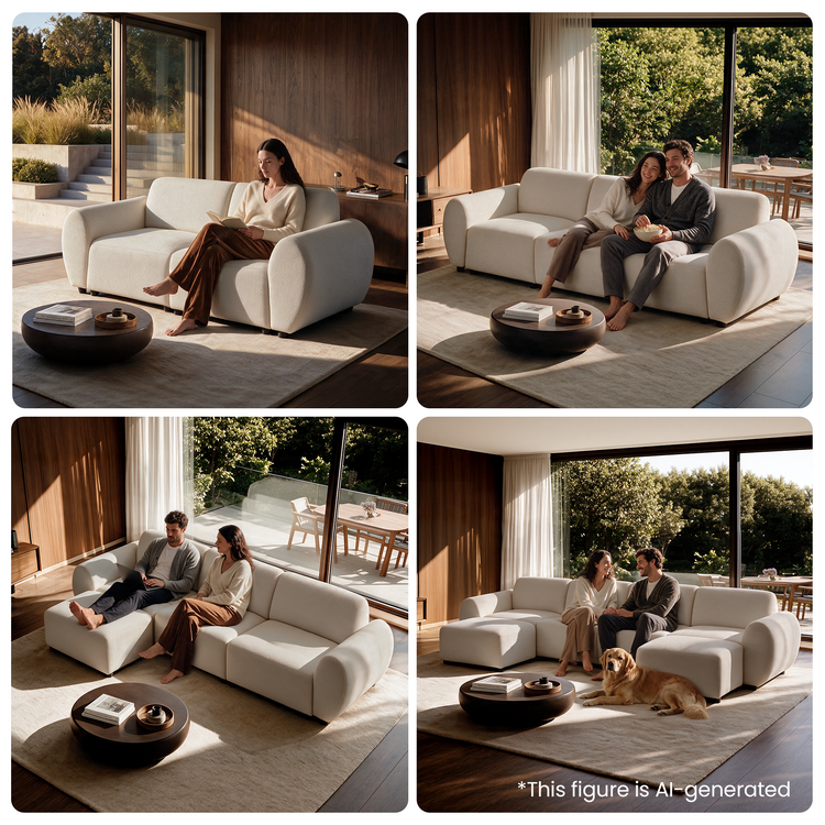 Four-panel collage showing cream sofas in different seating arrangements, with a woman reading, a couple sharing popcorn or using a laptop, and a golden dog resting beside them.
