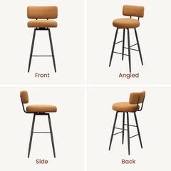Four panels show a tall stool with a padded seat, separate backrest, slender frame, and footrests