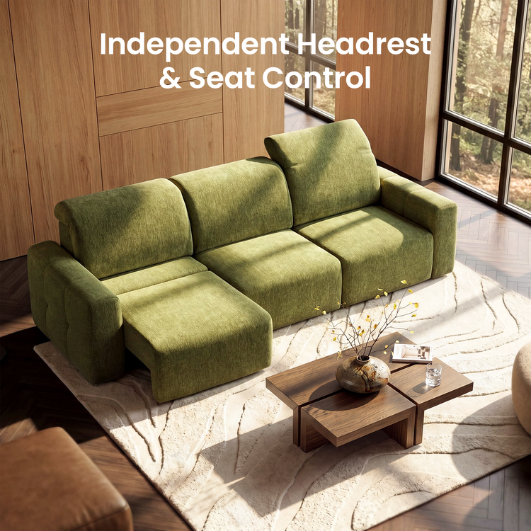 120.9" Green Chenille 3-Seat Power Reclining Sofa with Adjustable Headrests