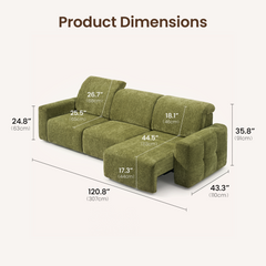 Dimension diagram of a green sectional sofa with a chaise, labeled with overall length, depth, height, and seat measurements in inches and centimeters.