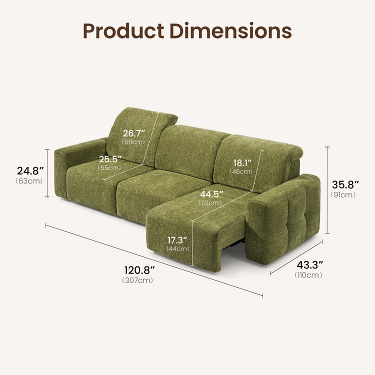 Dimension diagram of a green sectional sofa with a chaise, labeled with overall length, depth, height, and seat measurements in inches and centimeters.