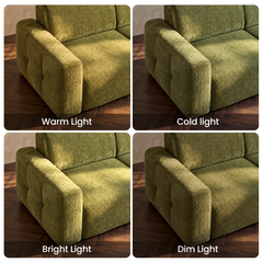 Four-panel comparison of the same olive-green upholstered sofa arm and seat under warm, cold, bright, and dim lighting.