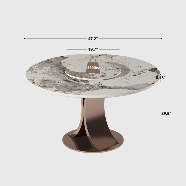 47.2" Pandora Glossy Sintered Stone Round Dining Table, Curved Base, Seats 4-6