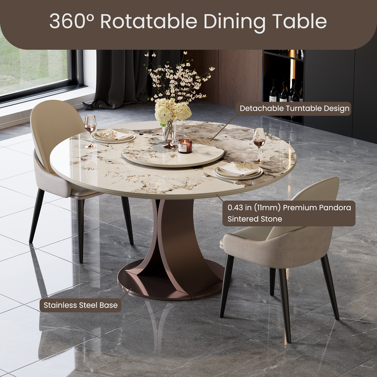 47.2" Pandora Glossy Sintered Stone Round Dining Table, Curved Base, Seats 4-6