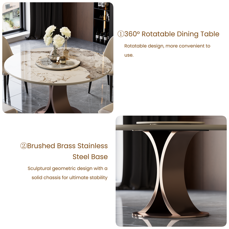 47.2" Pandora Glossy Sintered Stone Round Dining Table, Curved Base, Seats 4-6
