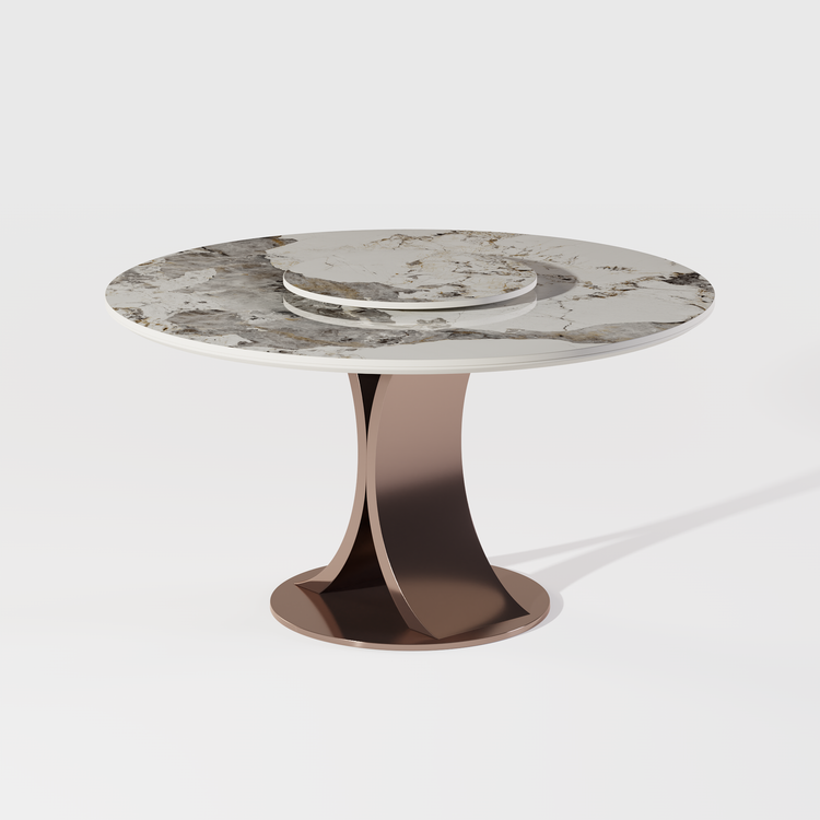 47.2" Pandora Glossy Sintered Stone Round Dining Table, Curved Base, Seats 4-6