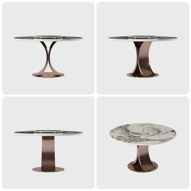 47.2" Pandora Glossy Sintered Stone Round Dining Table, Curved Base, Seats 4-6
