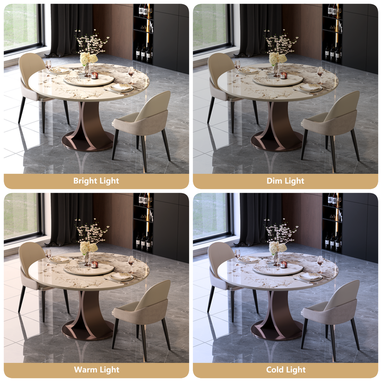 47.2" Pandora Glossy Sintered Stone Round Dining Table, Curved Base, Seats 4-6