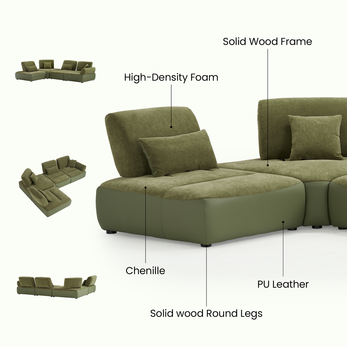 [Pre-Sale] 121" Modern 3-Seater Sectional Sofa with Left Chaise-Olive Green Chenille & Faux Leather Lounge Couch