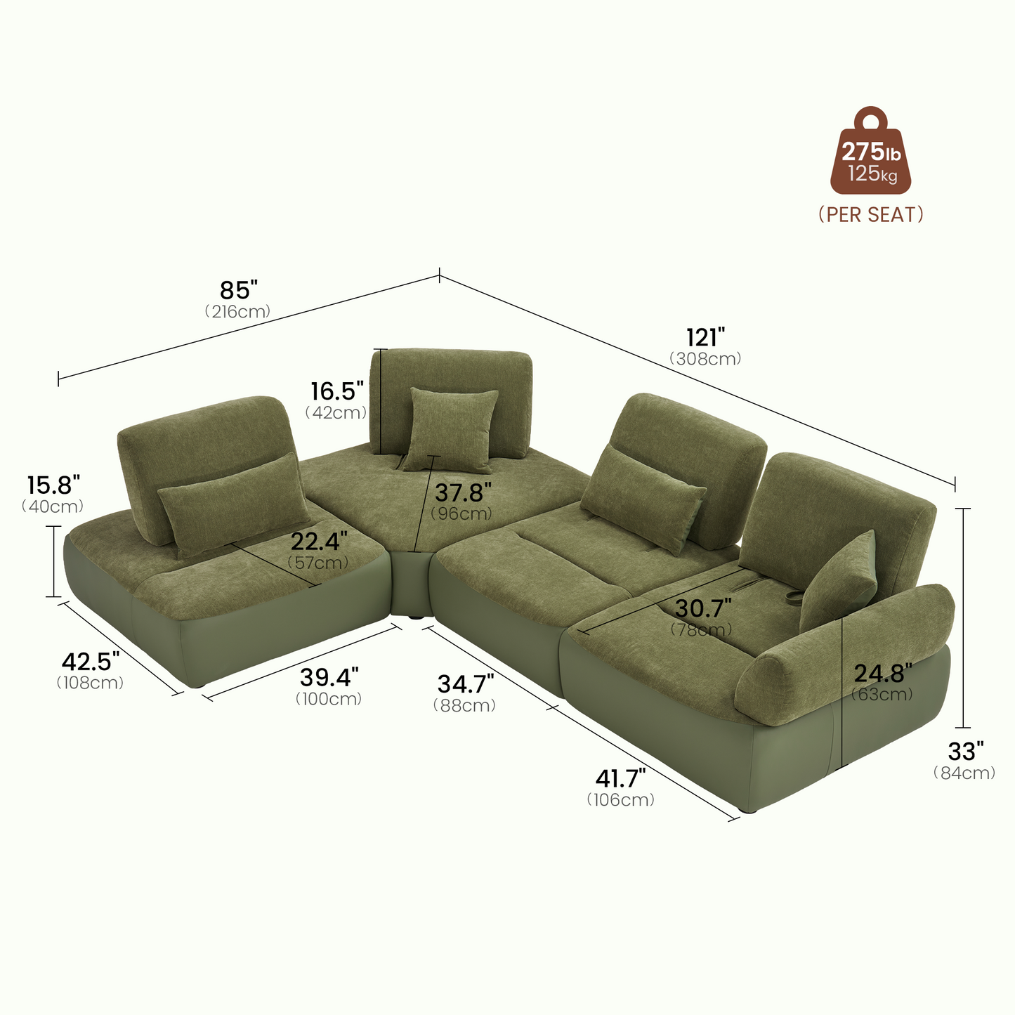 [Pre-Sale] 121" Modern 3-Seater Sectional Sofa with Left Chaise-Olive Green Chenille & Faux Leather Lounge Couch