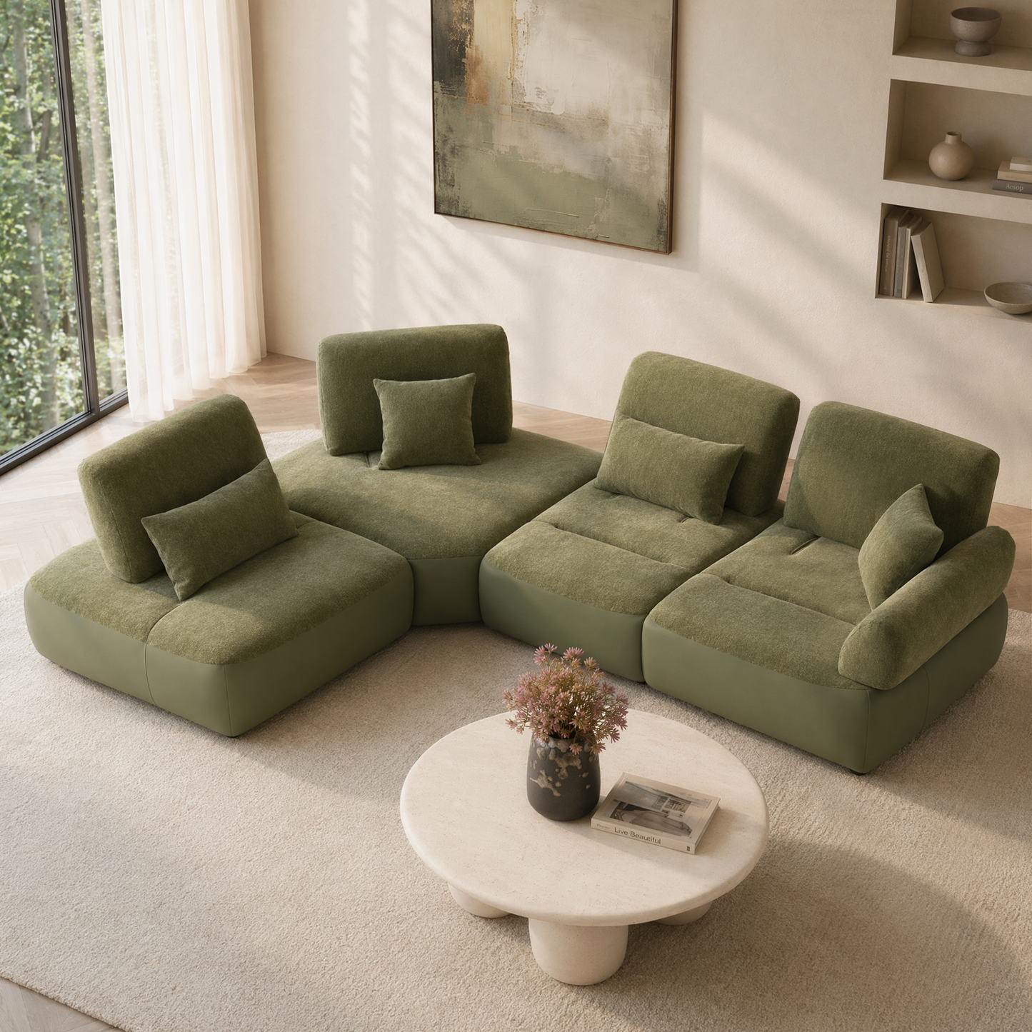 [Pre-Sale] 121" Modern 3-Seater Sectional Sofa with Left Chaise-Olive Green Chenille & Faux Leather Lounge Couch