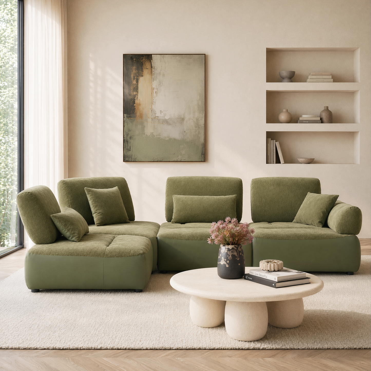 [Pre-Sale] 121" Modern 3-Seater Sectional Sofa with Left Chaise-Olive Green Chenille & Faux Leather Lounge Couch