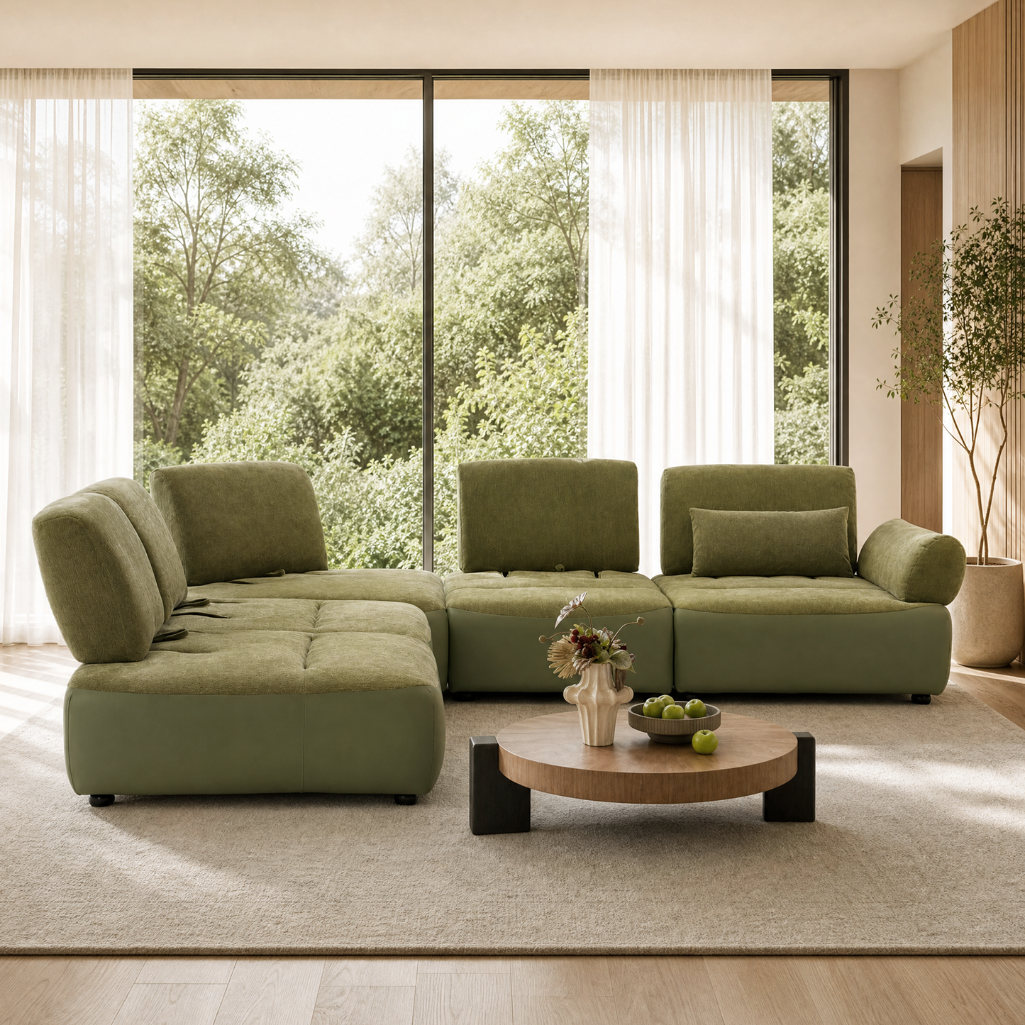 [Pre-Sale] 121" Modern 4-Seater Sectional Sofa with Left Chaise-Olive Green Chenille & Faux Leather Lounge Couch