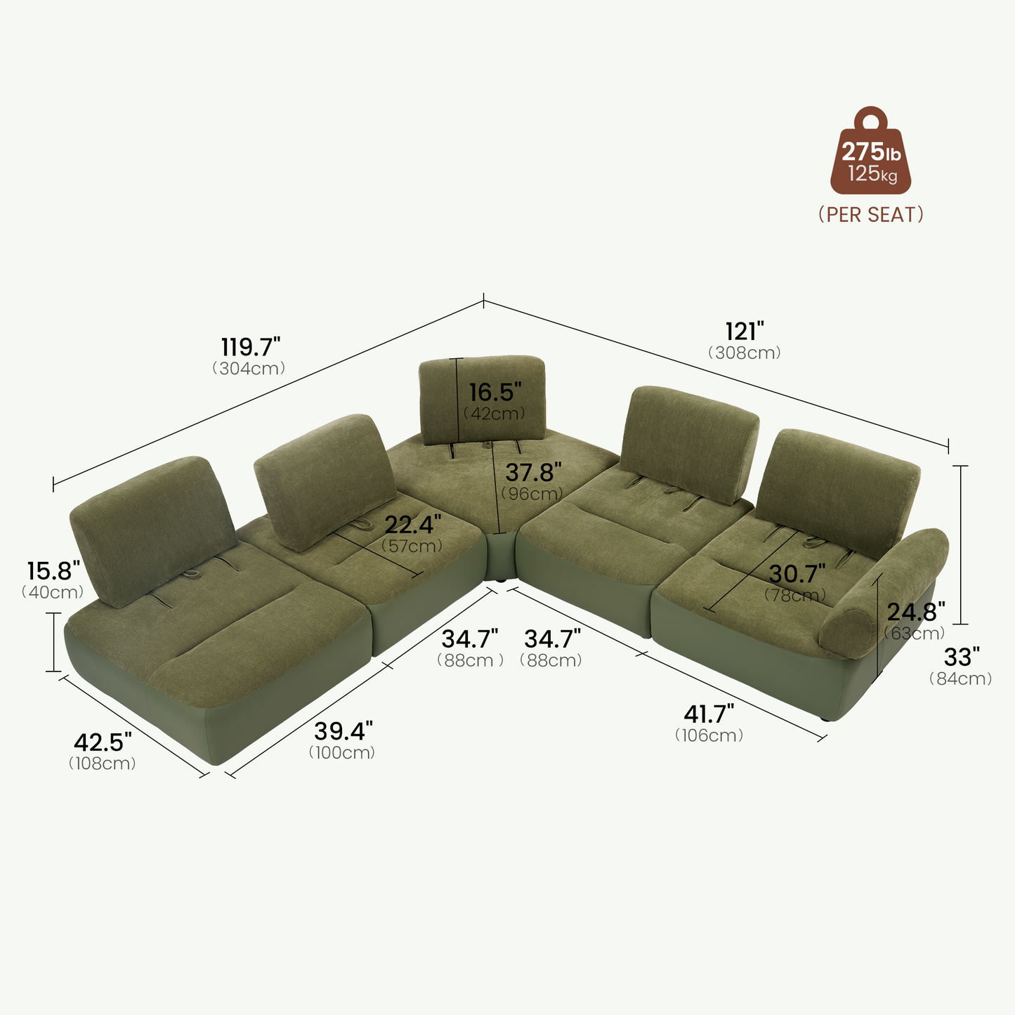 [Pre-Sale] 121" Modern 4-Seater Sectional Sofa with Left Chaise-Olive Green Chenille & Faux Leather Lounge Couch
