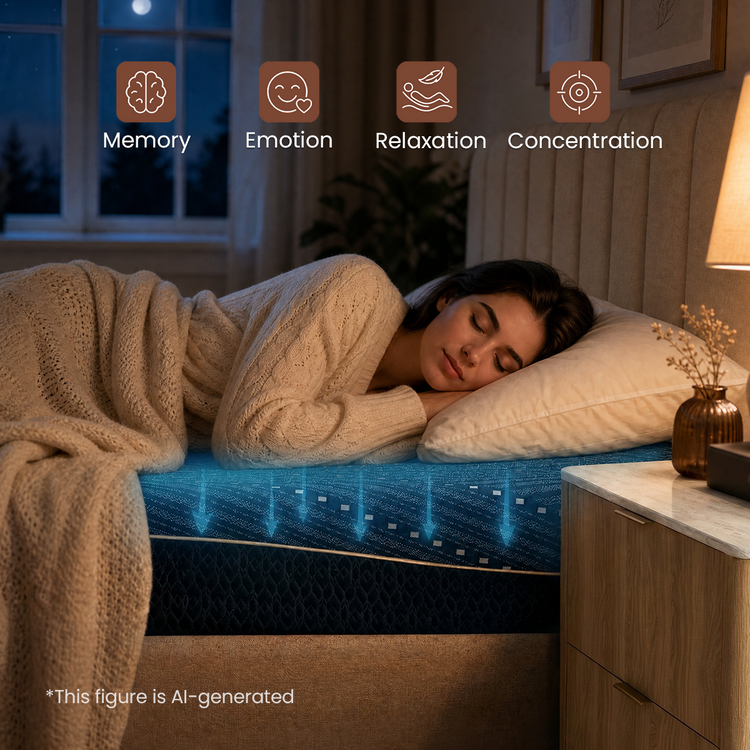 An adult lies on the mattress, Arrows and an overlay cross the mattress area