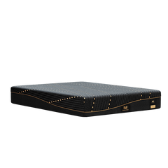 Low side profile of a black patterned mattress with gold piping on a white background