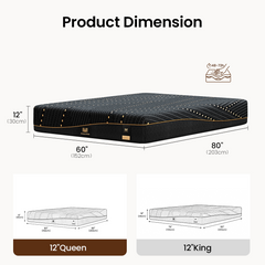 A measurement graphic shows a black mattress with gold accents and two line drawings for different mattress widths