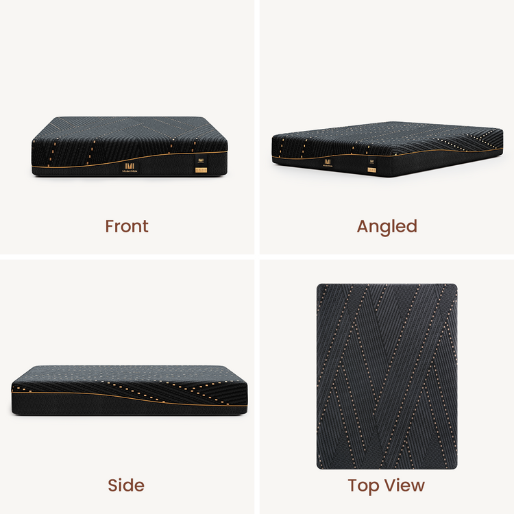 Four panels show a black mattress from front, angled, side, and top perspectives