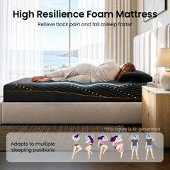 A person lies on their side on a mattress above six illustrated sleeping positions