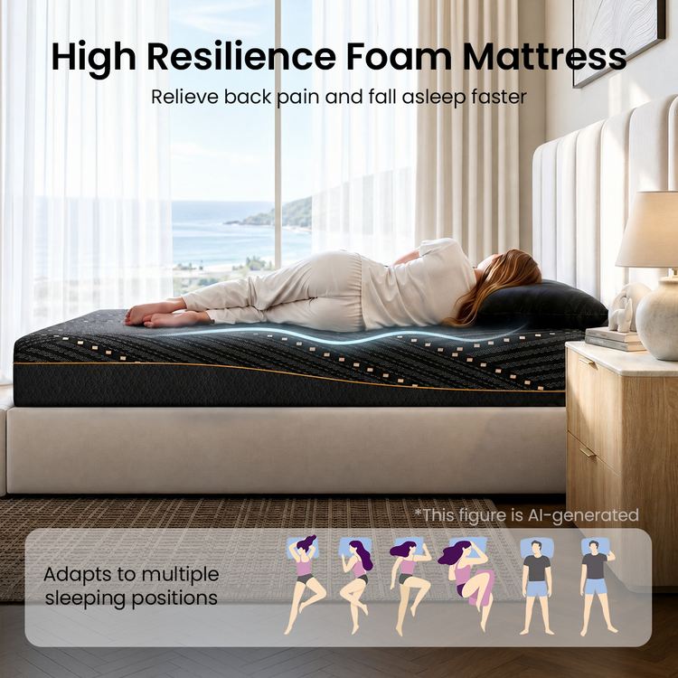 A person lies on their side on a mattress above six illustrated sleeping positions
