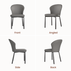 Four panels show a dining chair with a curved back, chevron stitching, cushioned seat, and four tapered legs