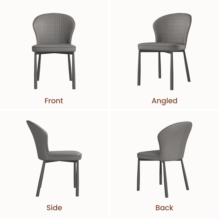 Four panels show a dining chair with a curved back, chevron stitching, cushioned seat, and four tapered legs