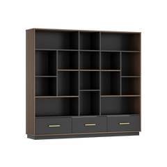 Tall dark shelving cabinet has varied open compartments and three lower drawers