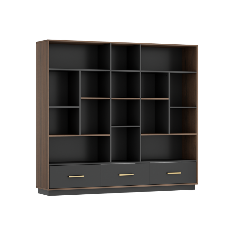Tall dark shelving cabinet has varied open compartments and three lower drawers
