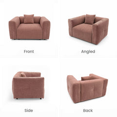 Pink upholstered armchair with cushion shown from front, angled, side, and back views.