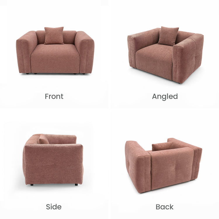 Pink upholstered armchair with cushion shown from front, angled, side, and back views.