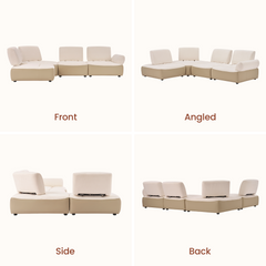 Cream modular sectional sofa shown from front, angled, side, and back views.