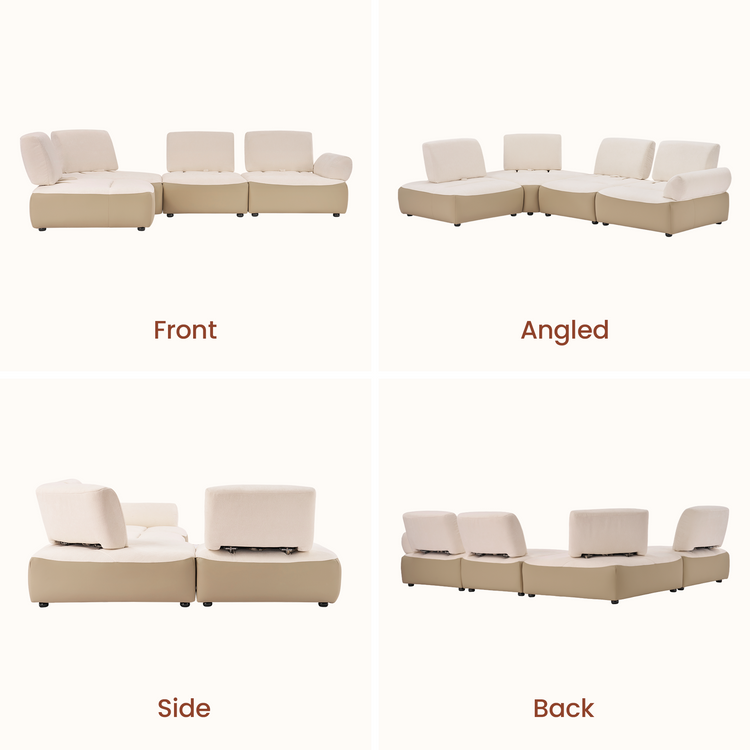 Cream modular sectional sofa shown from front, angled, side, and back views.