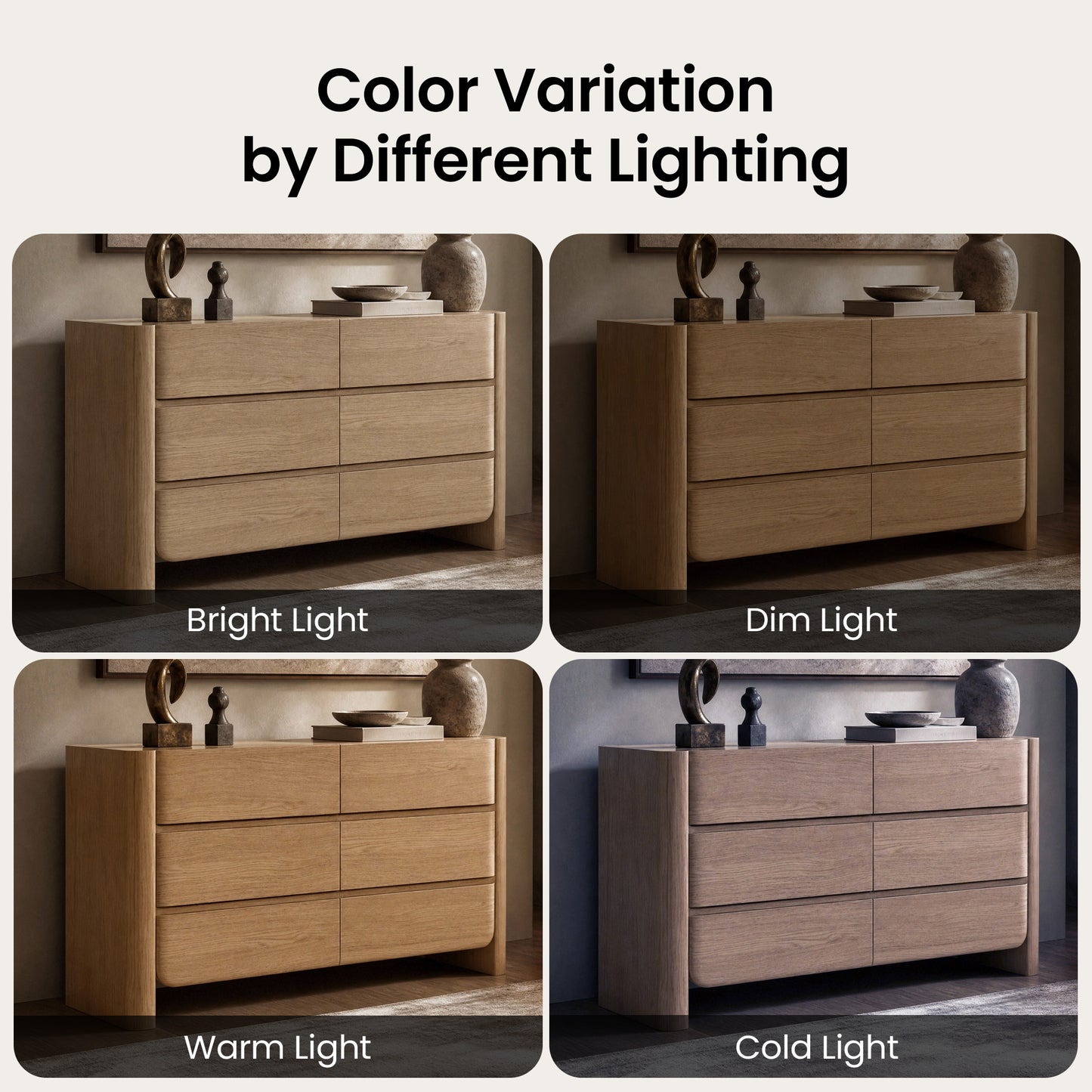 55 Inch 6 Drawer Curved Edge Dresser, Thick Rounded Side Panels