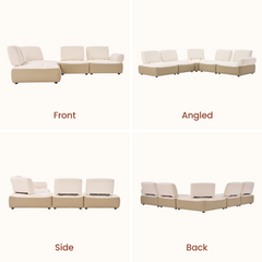 Modular sectional sofa shown from front, angled, side, and back views.