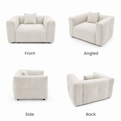Cream upholstered armchair shown from front, angled, side, and back views.