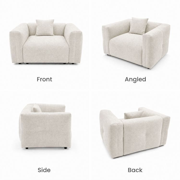 Cream upholstered armchair shown from front, angled, side, and back views.