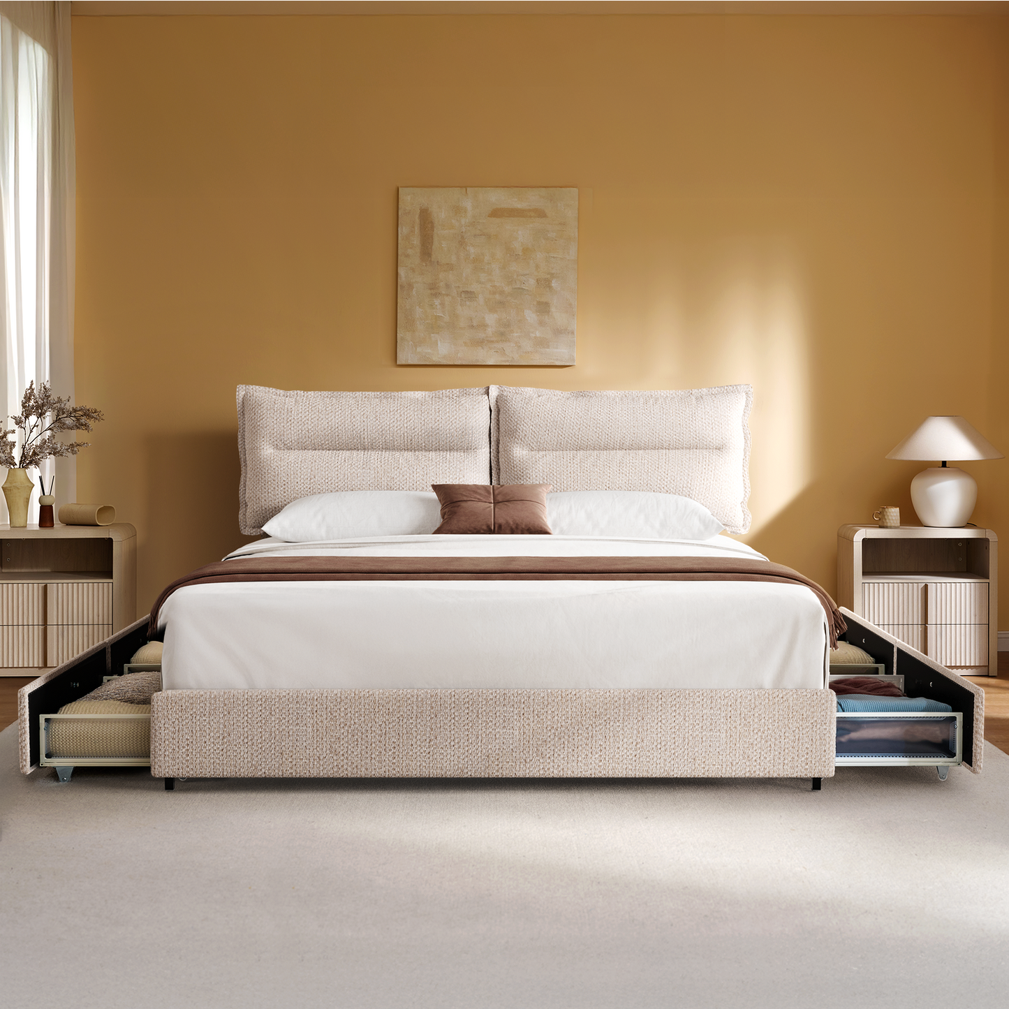 Tareya King Upholstered Bed Frame with 4 Storage Drawers, Beige