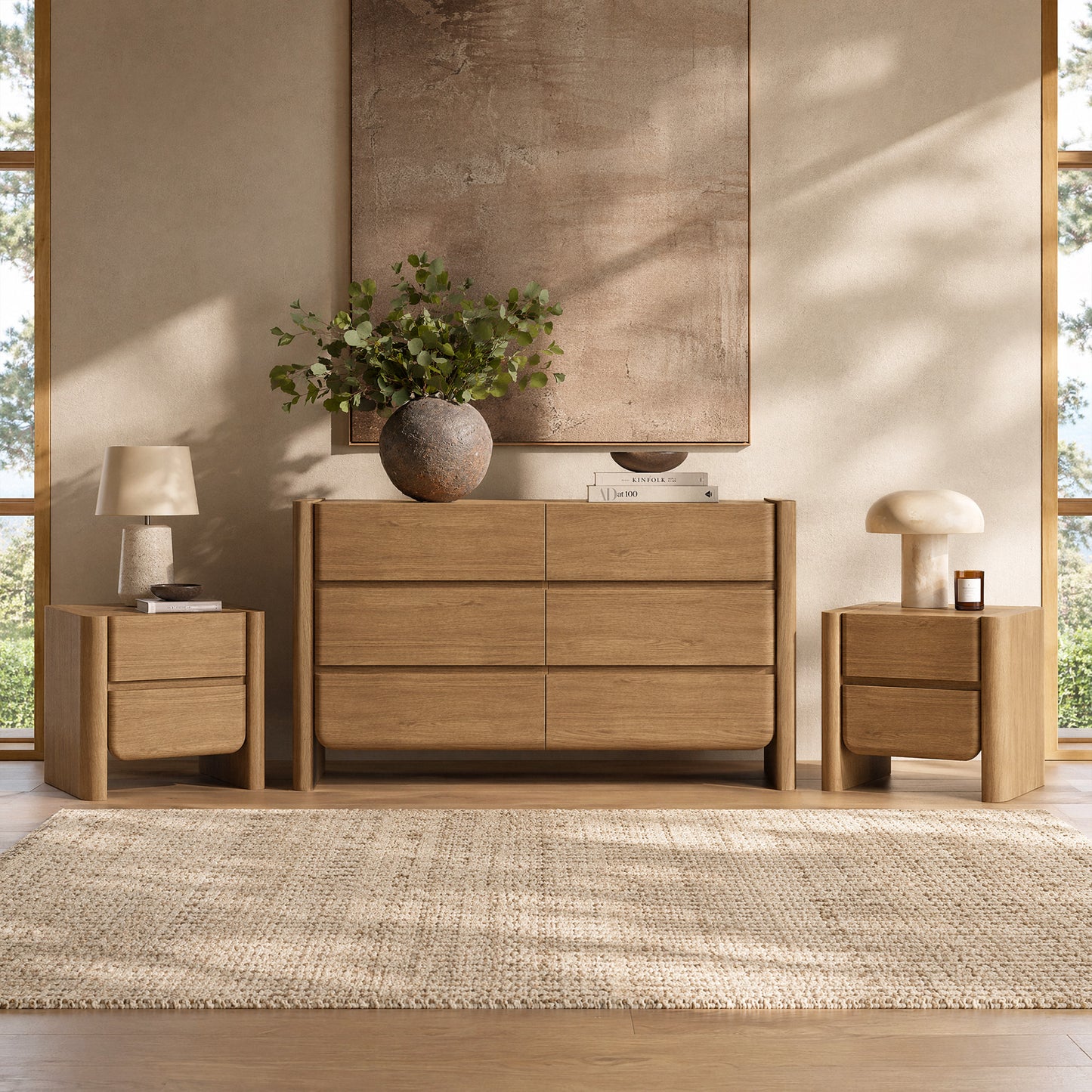 55 Inch 6 Drawer Curved Edge Dresser, Thick Rounded Side Panels