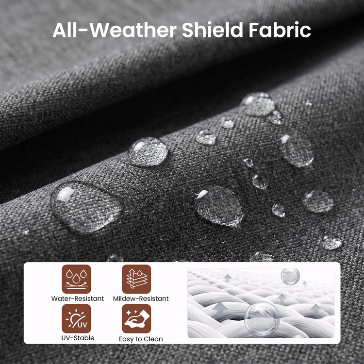 Water droplets cover the dark woven fabric, Labels: Water-Resistant, Mildew-Resistant, UV-Stable, Easy to Clean