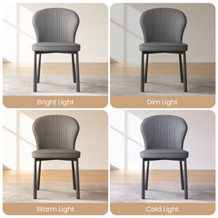 Four panels show the same gray chair under bright, dim, warm, and cold lighting