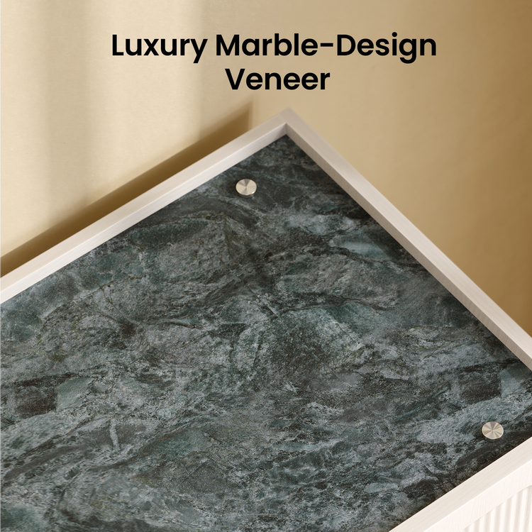 Dark green veined surface has a light border and round metallic-looking fasteners