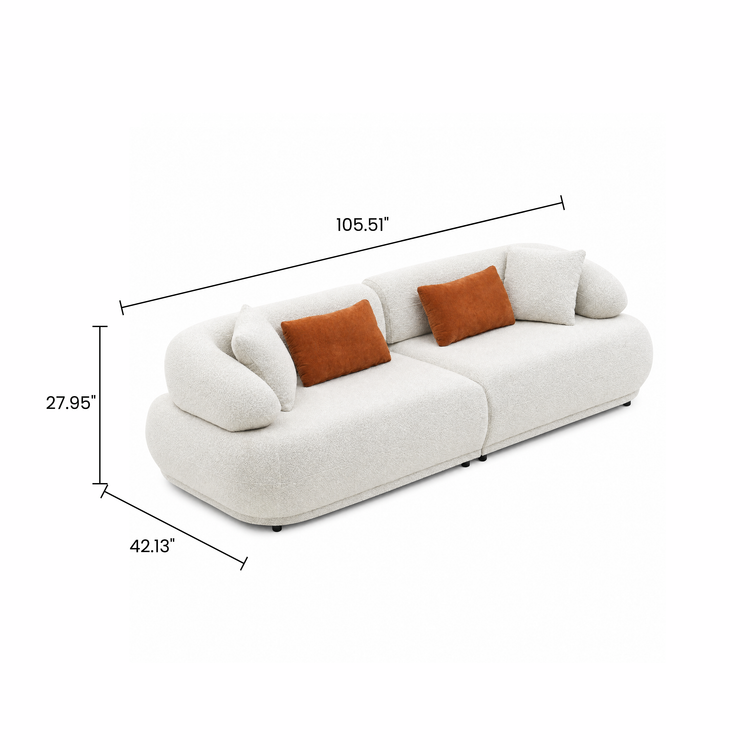 Cream Teddy Fabric 3-Seater Sofa with Cylindrical Armrests