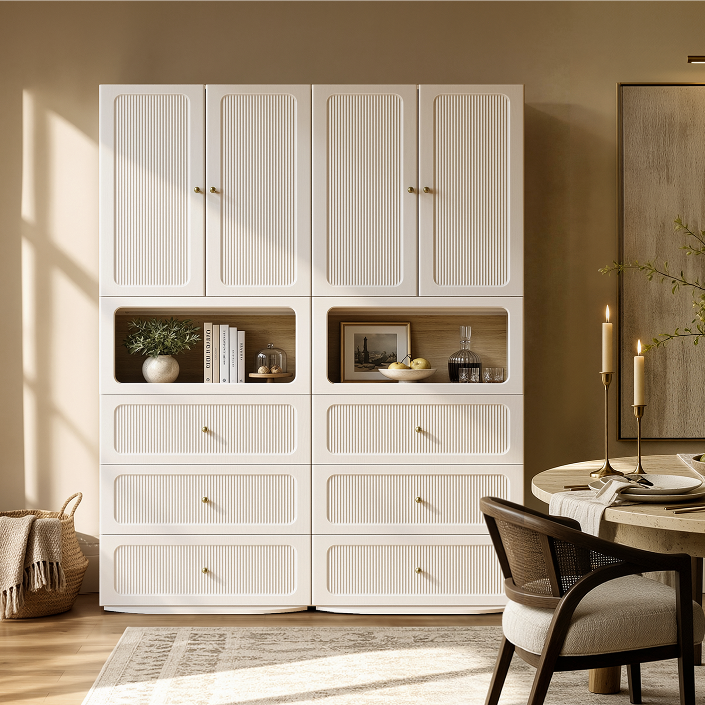 FlexMod 78.1" Modular Tall Storage Cabinet with Scalloped Doors, Drawers & Open Nook