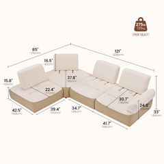 Dimension diagram of a cream modular sofa with chaise, backrests, and armrests.