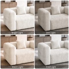 Cream upholstered armchair shown under bright, dim, warm, and cold lighting.